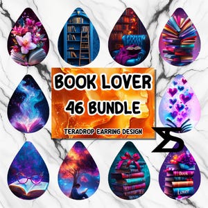 Paquete de diseño de aretes de sublimación para amantes de los libros, descarga digital instantánea, uso comercial, aretes en forma de lágrima PNG