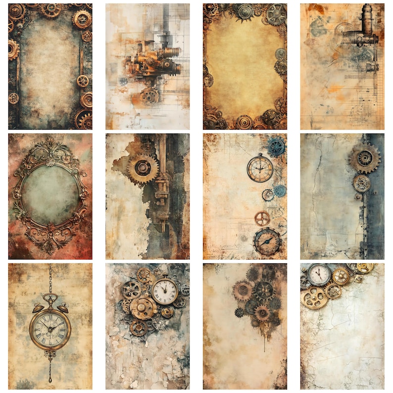 Op de afbeelding: Een verzameling van twaalf digitale kunstprints in steampunk-stijl. Elke print heeft een uniek ontwerp met tandwielen, klokken en verouderde texturen in bruin, goud en sepia. Sommige prints bevatten sierlijke frames en mechanische elementen.