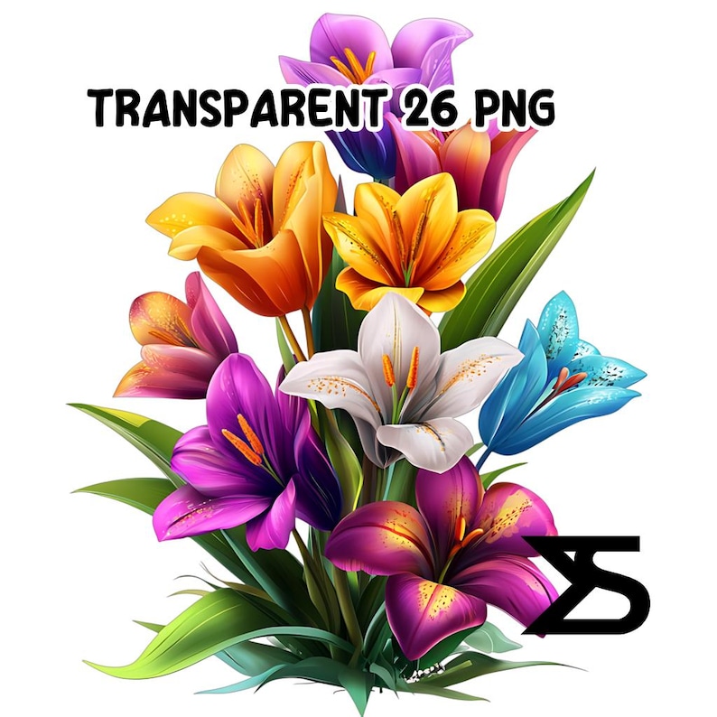May include: A bouquet of colourful flowers, including purple, pink, yellow, orange, white, and blue flowers. The flowers are arranged in a bunch and have green leaves.