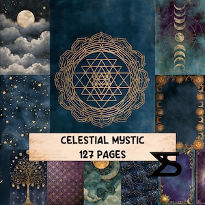 Celestial Mystic vintage celestial junk journal kit with moon and stars ephemera printable planner pages tags washi strips collage papers