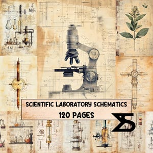 May include: A collage of scientific laboratory schematics with a vintage aesthetic. The image features a large microscope, diagrams of lab equipment, and the text "SCIENTIFIC LABORATORY SCHEMATICS 120 PAGES". The background has a parchment paper texture.