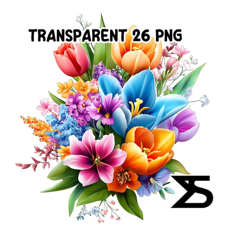 May include: A colourful bouquet of flowers, including tulips, lilies, and other blooms in shades of pink, blue, orange, and yellow. The flowers are arranged in a loose, natural style, with some stems extending beyond the bouquet.
