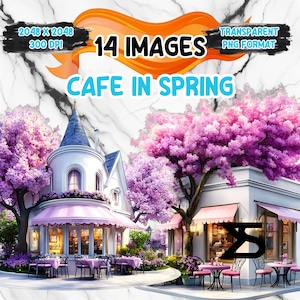 Watercolor cafe in spring PNG Image with transparent background, Cafe Clipart bundle, commercial use, digital download, instant download