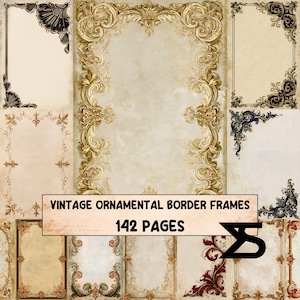 Könnte beinhalten: Eine Sammlung rechteckiger Papierbögen mit verschiedenen ornamentalen Rahmen in Gold-, Schwarz- und Rottönen. Der zentrale Text lautet VINTAGE ORNAMENTAL BORDER FRAMES 142 PAGES. Die Designs zeigen komplizierte Schnörkel und Filigranmuster.