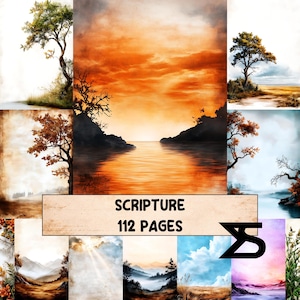 Könnte beinhalten: Eine Sammlung von Aquarell-Landschaftsbildern mit Bäumen, Bergen und Gewässern. Das zentrale Bild zeigt einen Sonnenuntergang über einem ruhigen See. Der Text "SCRIPTURE 112 PAGES" ist sichtbar.