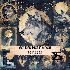 May include: A collage featuring illustrations of wolves, moons, and stars in shades of blue, gold, and gray. The text "GOLDEN WOLF MOON 82 PAGES" is displayed on a rectangular banner. The artwork has a mystical and celestial theme.