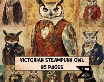 Victorian Steampunk Owl vintage ephemera junk journal kit owl collage papers brass gears labels pockets tags for mixed media junk journal