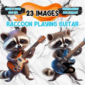 Raton laveur aquarelle jouant de la guitare Image PNG sur fond transparent, autocollant numérique, usage commercial, téléchargement numérique instantané