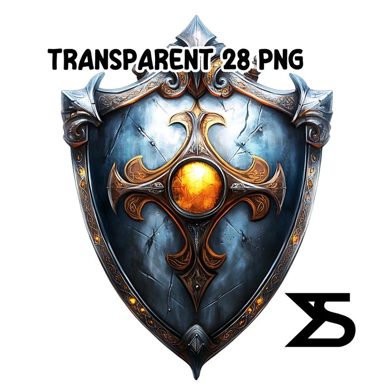 K&ouml;nnte beinhalten: Detaillierte Illustration eines Schildes mit blauem und goldenem Design. Der Schild hat ein zentrales goldenes Emblem und aufwendige Details. Der Text "TRANSPARENT 28.PNG" steht oben. Ein stilisiertes "S" befindet sich unten rechts.