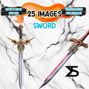May include: Two fantasy swords with ornate gold and silver hilts and blades are displayed against a marble background. The image includes text that reads "25 IMAGES", "SWORD", and other details about the image format.