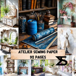 Peut inclure: Un collage d'images mettant en vedette des fournitures de couture et d'artisanat. L'image principale présente des bobines de fil bleues, des rouleaux de tissu à motifs et une règle sur une surface bleu foncé. Le texte indique "ATELIER SEWING PAPER 92 PAGES".