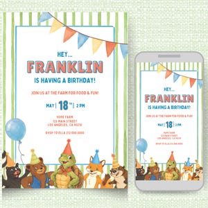 Könnte beinhalten: Geburtstagseinladung mit dem Namen "Franklin" in Rot und Blau und dem Text "is having a birthday!". Das Design beinhaltet eine Aquarellillustration von Waldtieren mit Partyhüten. Das Datum ist der 18. Mai um 14:00 Uhr.