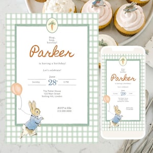 May include: A birthday invitation with a green gingham border and a watercolor illustration of a bunny holding a balloon. The invitation reads "Hop, hop, hooray! Parker is having a birthday!" and includes event details.