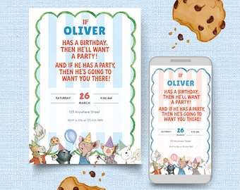 Könnte beinhalten: Eine Geburtstagseinladungskarte und ein Smartphone, das dieselbe digitale Einladung anzeigt. Das Design zeigt hellblaue Streifen, einen grünen Wellenrand und Illustrationen von Tieren mit Partyhüten sowie den Text IF OLIVER HAS A BIRTHDAY, THEN HE'LL WANT A PARTY! AND IF HE HAS A PARTY, THEN HE'S GOING TO WANT YOU THERE! SATURDAY 26 MARCH 9:00 AM 123 Anywhere Street RSVP to Ella at 123.456.7890.