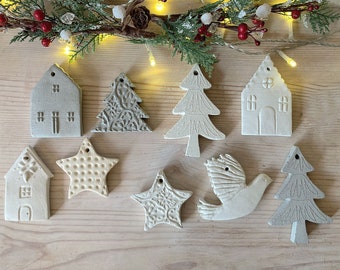 Christmas Tree Decorations, Christmas Tree Ornament Set, Christmas Gift Tags, Scandinavian Ceramic Tree House Star Hanging Decorations Set