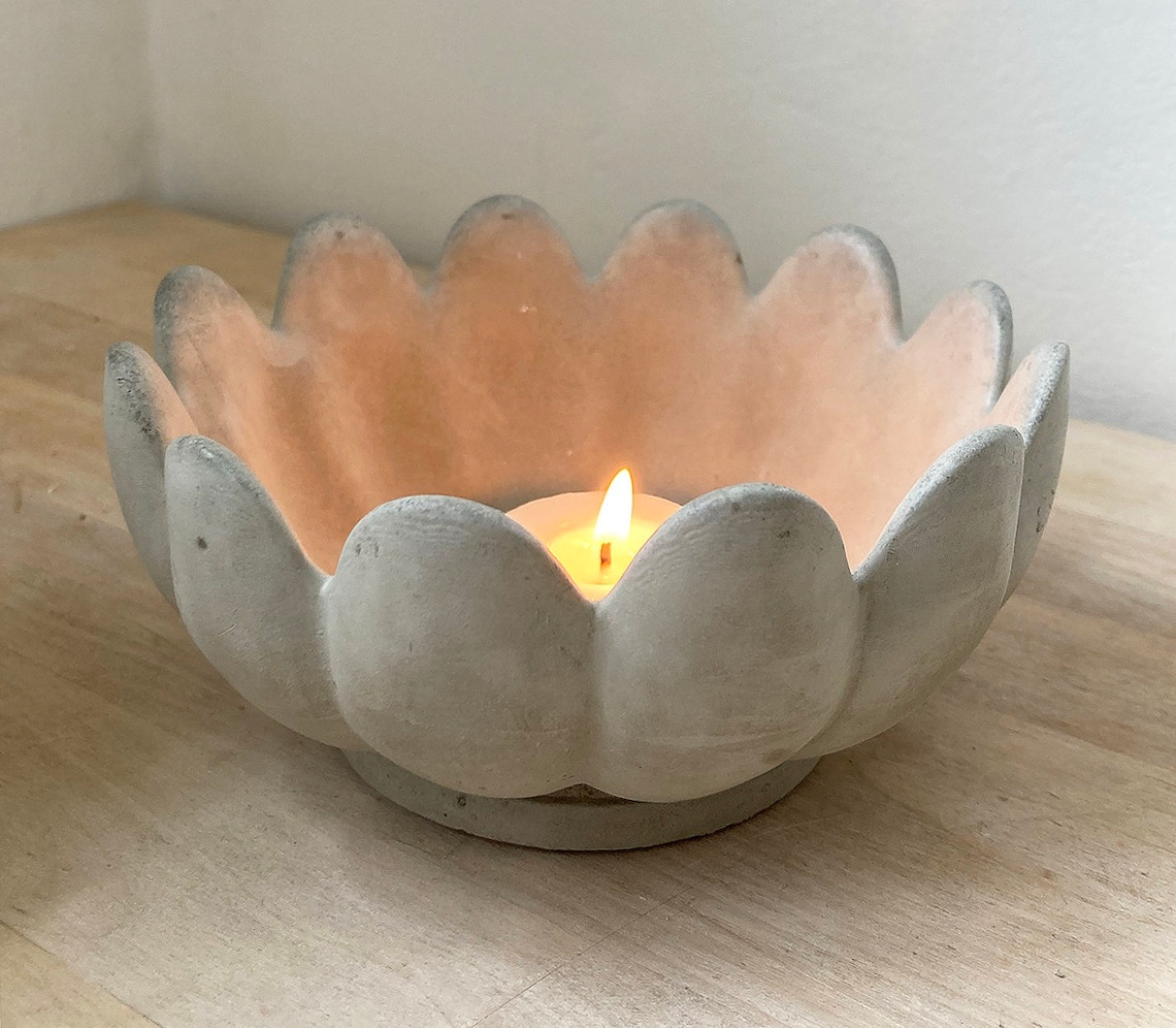 Lotus Shaped Tealight Candle Holder Concrete Bowl in Cream Etsy