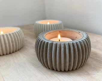 Ribbed Textured Concrete Candle Tealight Holder, Grey, White or Cream Retro Ribbed Tealight Holder, Natural Neutral Candle  Holder