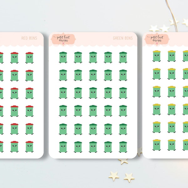 Bin day planner stickers, garbage day planner stickers. Trash, Recycling, Green Waste. Available in Red Bin, Yellow Bin, Green Bins.