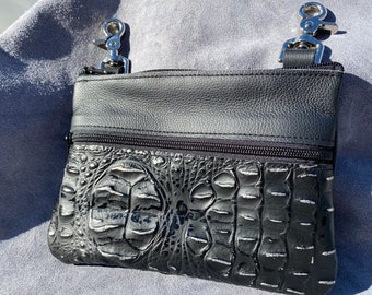 Leather Bag, Black & Silver "Croc" Purse, hip bag, fanny pack, clip on purse, cell phone bag, riding bag, small purse, vacation bag