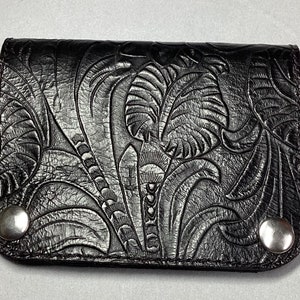 Cartera minimalista floral negra, cartera pequeña, cartera de piel de vaca negra, cartera de cuero, cartera de tarjetas, cartera de cuero genuino, cuero negro