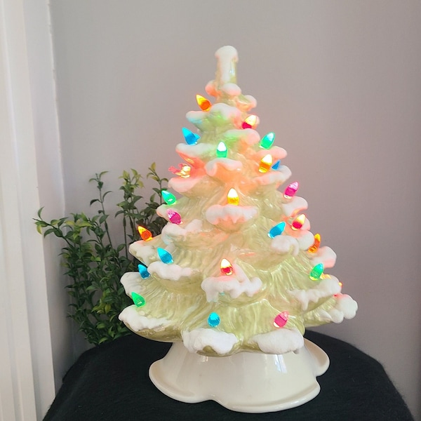 Vintage White & Green Ceramic Christmas Tree, Light Up Iridescent Holiday Decor 13” , White Glazed Snow Frosted Multi Color Lights w/Birds