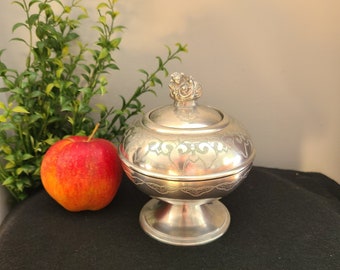 Vintage Pewter Apothecary OR Sugar Bowl w/Cover, Hen/Bird Finial, Elegant Lidded Offering Bowl, Hand-Embossed, Presentation Bowl, Tableware