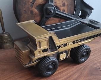 Zabytkowa metalowa wywrotka, Euclid EUC R-50, przedmiot promocyjny, mosiężno-brązowy model koparki z lat 80. w skali 1:50, Construction Dream HEAVY