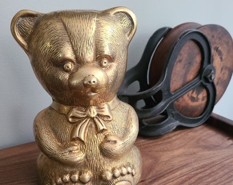 Vintage Brass Teddy Bear Bank, Solid Brass Coin Bank -Bear Figurine, Nursery Decor, Heavy Duty Money Bank, Fun Animal Piggy Bank, 7" Tall