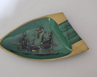 A.N. Oppenheim Israel Brass & Green Enamel Ashtray Judaica MCM Hand Engraved Ashtray, Black Burnished, Low Profile Jewish Tobacciana