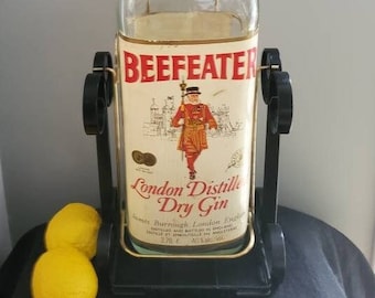 Vintage Wrought Iron Swinging Tilt & Pour Stand Cradle, w/Beefeater London Gin Bottle, Massive 3.78 L Bottle W/Holder, Collectable Barware
