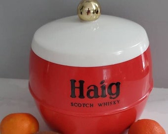 Vintage Ice Bucket, Haig Scotch Whisky Advertising Collectible Plastic Round, Red & White Made In England by INSULEX Mid Century Modern Bar