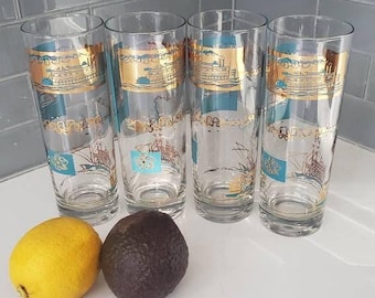 Vintage Libbey Glasses, Set of FOUR (4) Southern Comfort Riverboat Highball Aqua w/Gold, 1968 Steamboat Mid-Century Barware SC Centennial