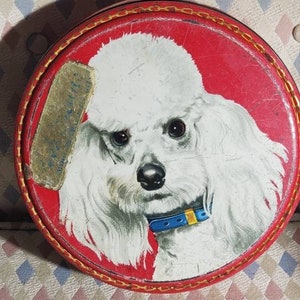 Vintage Peek Frean Biscuit  Poodle Tin 1950&#39;s~ Scarce Mid Century Collector&#39;s Metal Poodle Lovers Biscuit Tin, London, England, MCM Red Tin