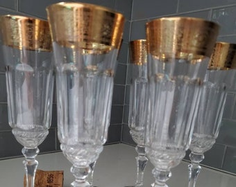 Vintage Gold Rim Crystal Glasses-Set of 6-Etched and Gilded, Hollywood Regency Chic, Ca. 1950's Champagne Stemware, Celebration Bling!