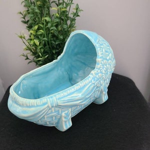 1950s Vintage McCoy Pottery USA Planter / Flower Pot Blue Baby Bassinet, Rare & Adorable Mid Century Basket, Baby Cradle Nursery Shower Gift