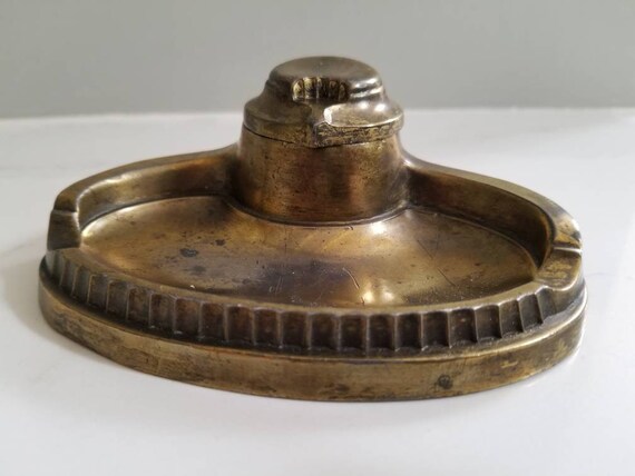 アンティーク 1930年代頃 真鍮製インク壺 ペンホルダー付き ヒンジ付き