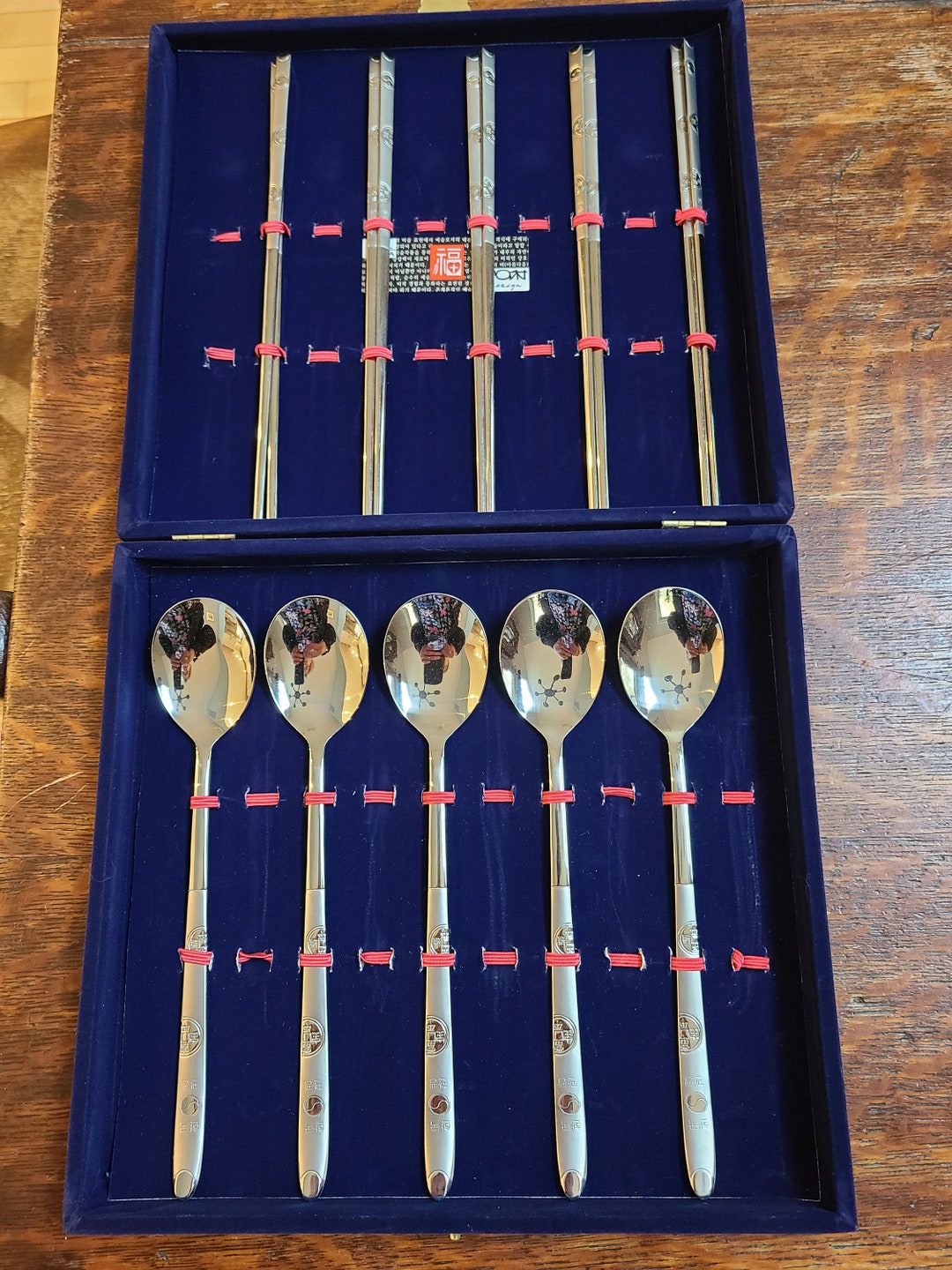 Vintage Korean Chopsticks and Spoon Set, Serving Set for Five 5, in