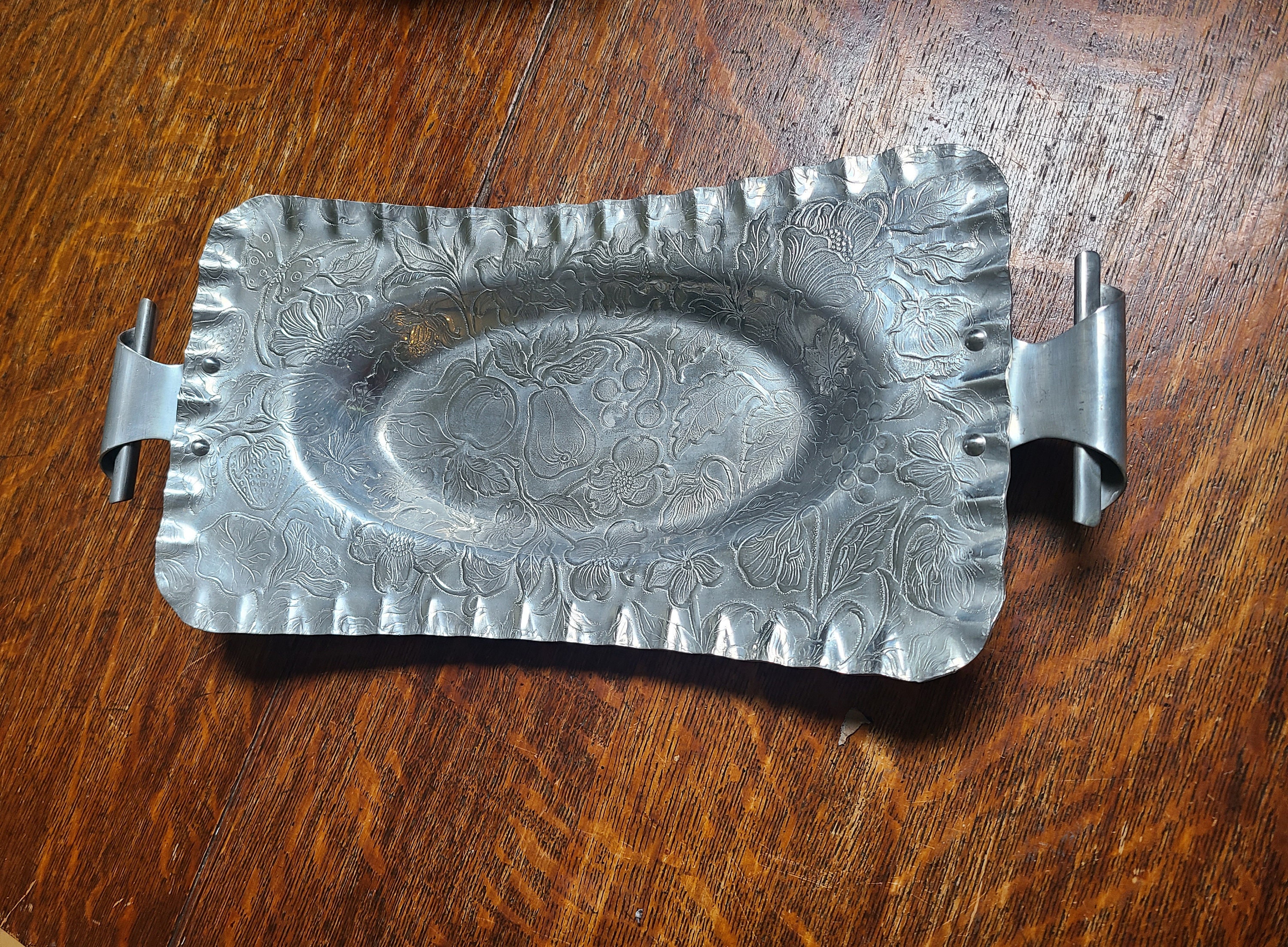 Vintage Hand Finished Aluminum Serving Tray, Embossed w/Botanicals & Fruit, Rectangular Display, Centerpiece Display, Fun Curled Handles