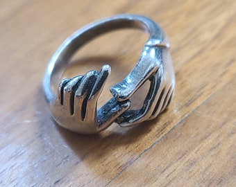 Vintage Sterling Silver Ring Clasping Hands, Touching Hands, Helping Hands  .925  Friendship Ring, Fede Gimmel Italy
