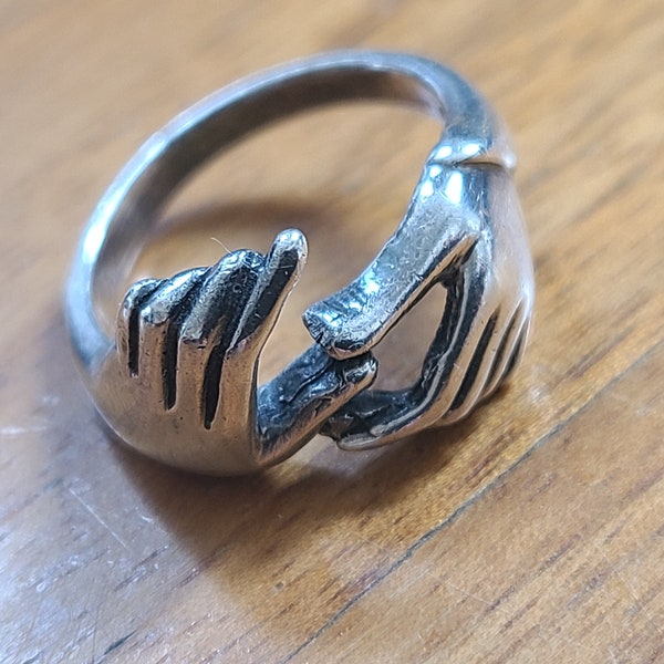 Vintage Sterling Silver Ring Clasping Hands, Touching Hands, Helping Hands  .925 James Avery Style Friendship Ring, UNIQUE Artisan Jewelry