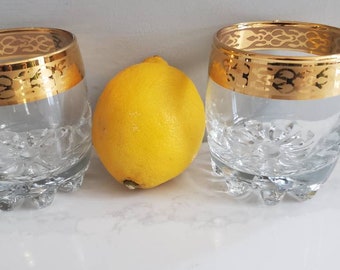 Stunning Crystal Whiskey Glasses, Vintage Set of Two (2), Old Fashioned Rocks Glasses, Gold Rim, MCM Glam Bar Elegance, Hollywood Regency