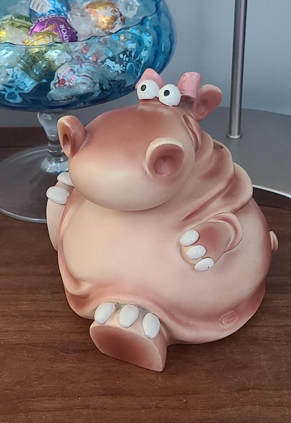 Happy Hippo Piggy Bank W/stopper Vintage 1980's Resin Zoo Animal
