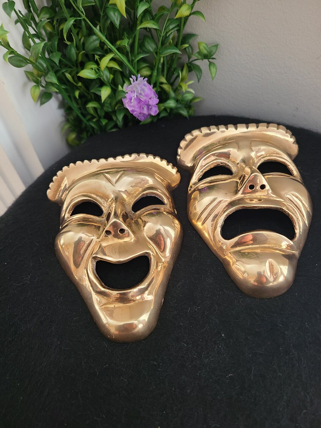 Solid Brass Theater Masks, Vintage Pair of 'tragedy and Comedy' Wall Hanging Masks, Set