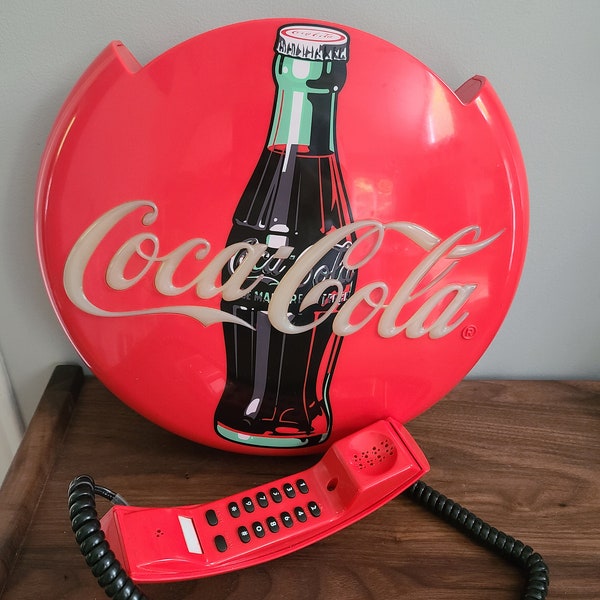 Vintage Coca-Cola Light Up Disc Telephone w/Original Box, 1995 Vintage Advertising COKE Bottle Blinking Disc Phone Neon Coke CALL ME