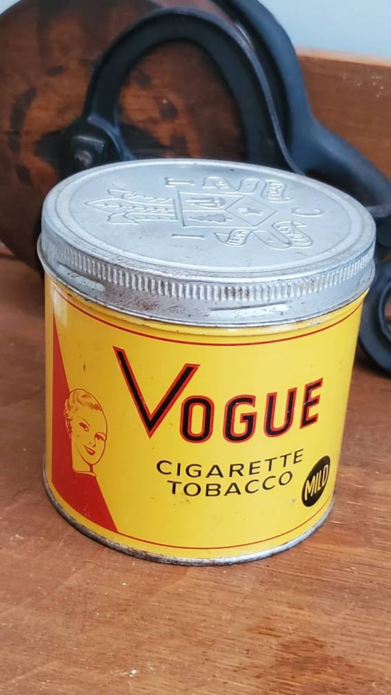 tobacco tin collectors Vintage 1950's Vogue Cigarette Tobacco Tin Vibrant Colors, Round Tobacco Tin  Litho Design With Lid, MCM Fresh Girl Graphics, Collectors Find