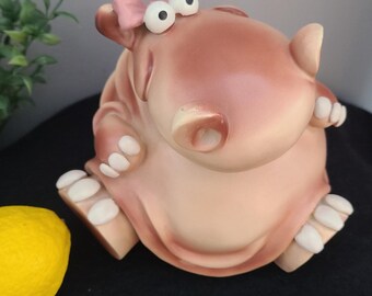 Happy Hippo Piggy Bank W/stopper Vintage 1980's Resin Zoo Animal