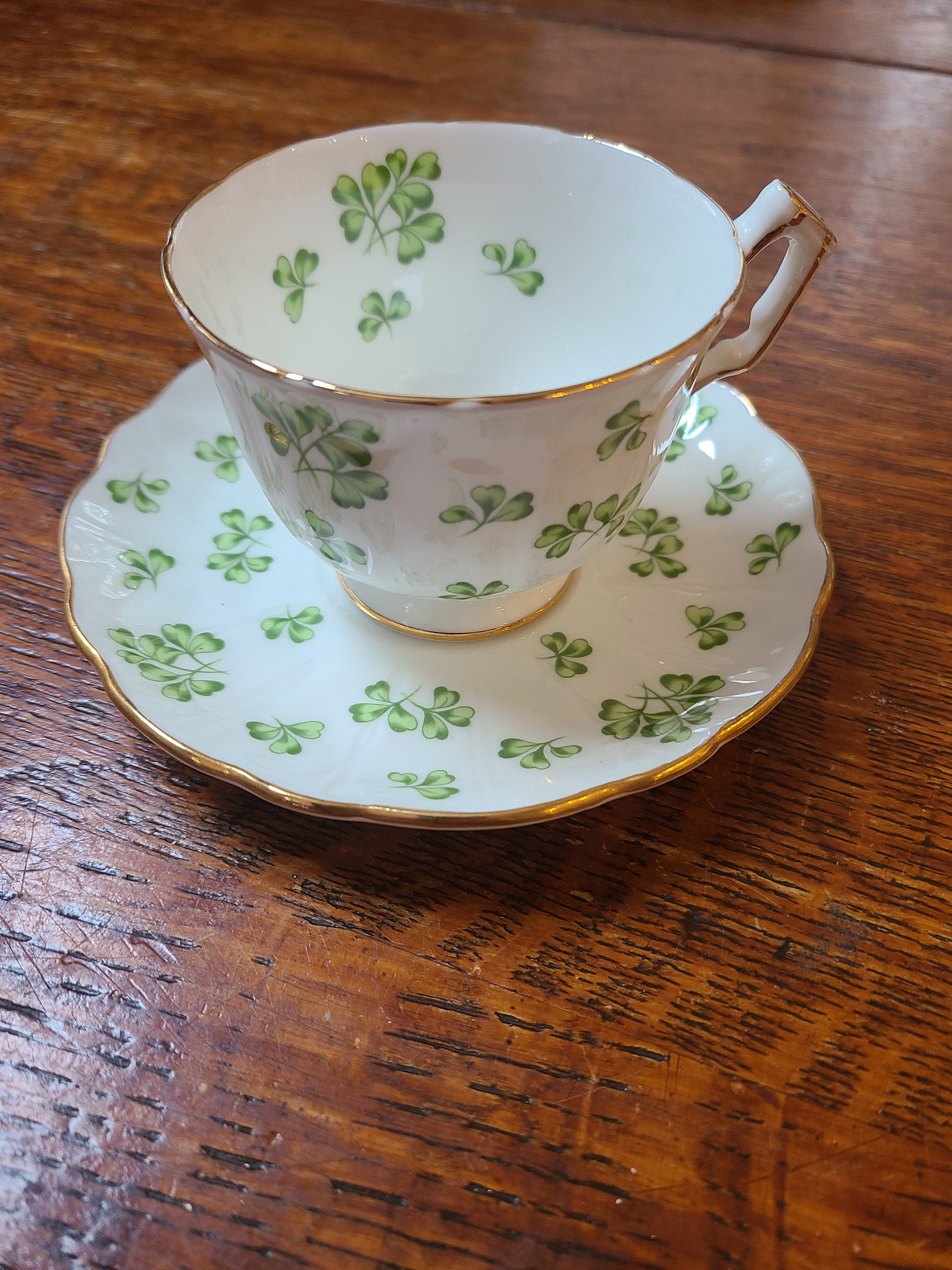 Vintage AYNSLEY Fine White Bone China SHAMROCK Teacup & Saucer