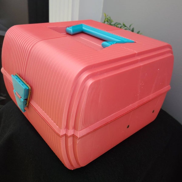 Vintage SASSABY 1990's Deluxe Makeup Organizer, Travel Case Model 102 Cosmetic Case 6 Compartment & Mirror, Jewelry Box Storage Pink/Teal