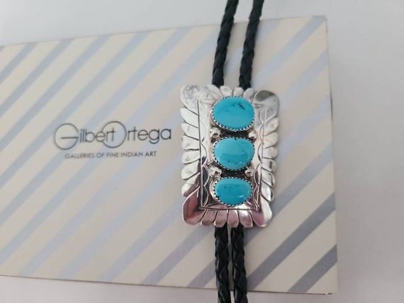 Rare Gilbert Turquoise Vintage Native American Navajo Sterling Silver Bolo Tie Rare Gilbert Turquoise Vintage Native American Navajo Sterling Silver Bolo Tie