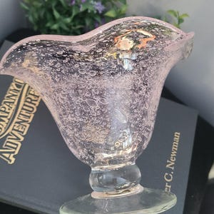 Peut inclure: Un coupe à glace en verre rose, texturé de bulles, avec un bord festonné. Le bol à pied en verre transparent repose sur une base transparente. Le fond comprend de la verdure et un livre.